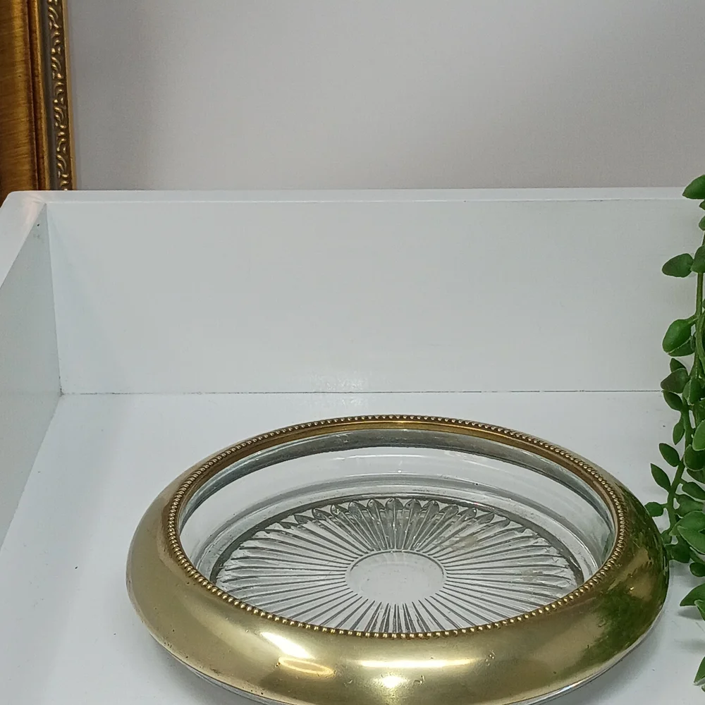 Champagne Bottle Coaster/Glass Trinket Dish with Gold Tone Rim